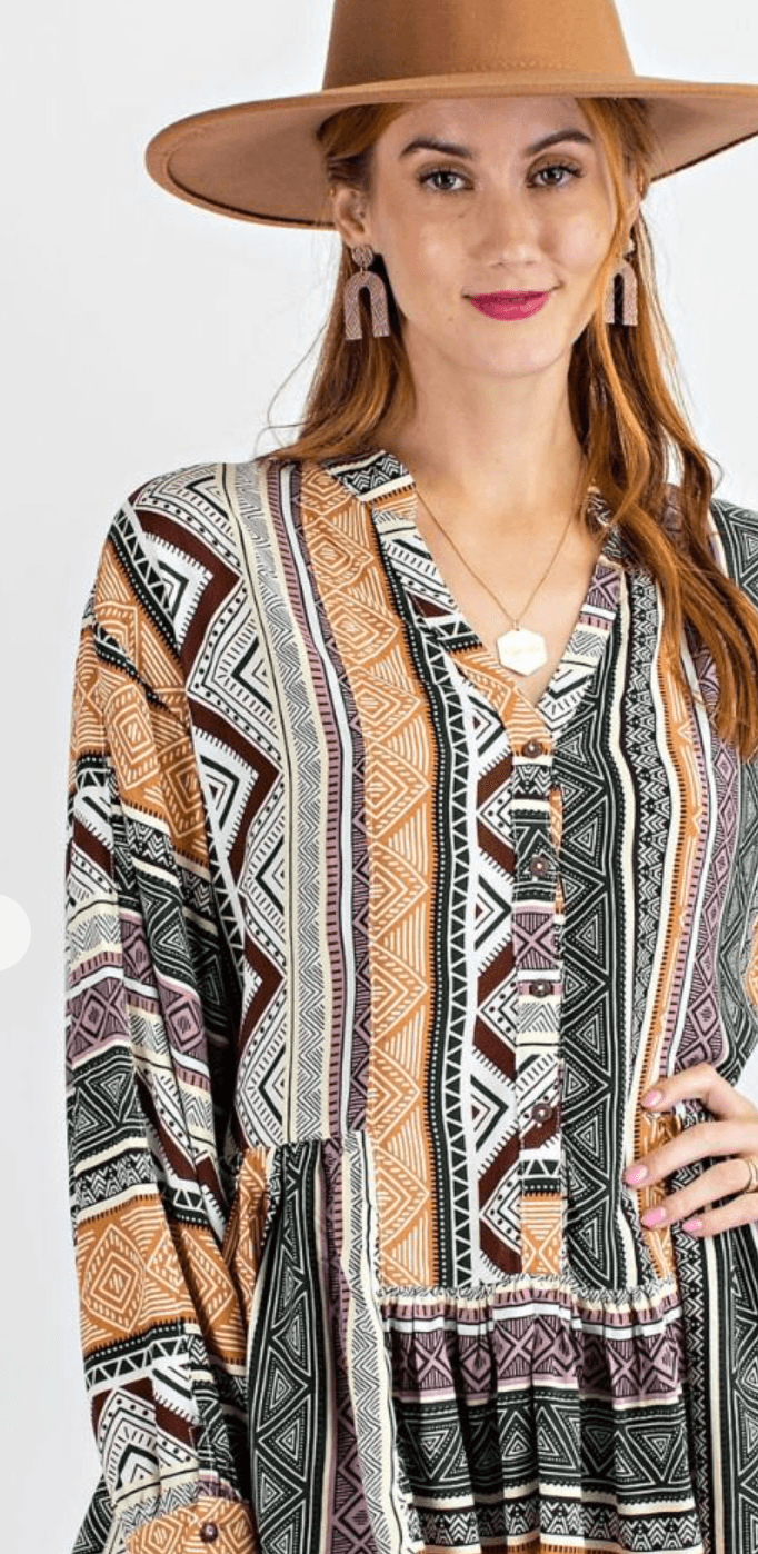 Easel Tribal Print Long Sleeve Top - Robin Boutique-Boutique 
