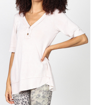 Mineral Wash Elbow Sleeve Henley Tunic with Asymmetrical Bottom S4879A