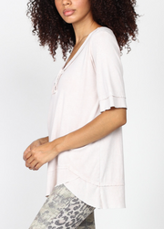 Mineral Wash Elbow Sleeve Henley Tunic with Asymmetrical Bottom S4879A