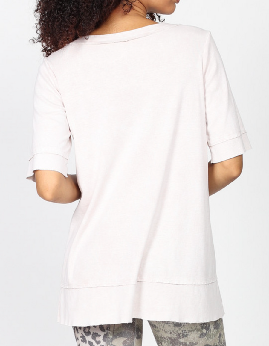 Mineral Wash Elbow Sleeve Henley Tunic with Asymmetrical Bottom S4879A