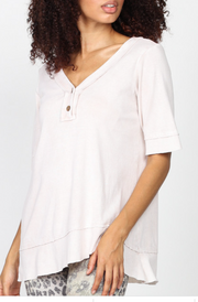 Mineral Wash Elbow Sleeve Henley Tunic with Asymmetrical Bottom S4879A
