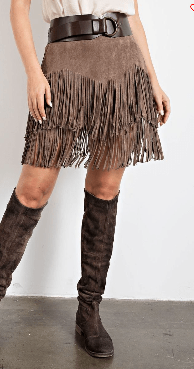 Easel Faux Khaki Suede Fringe Skirt - Robin Boutique-Boutique 