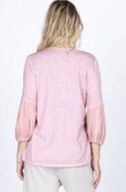 M.Rena Oil Washed Mixed Media Woven Cross Hatch & Knit Slub V Neck Puff Sleeve Top - Robin Boutique-Boutique 