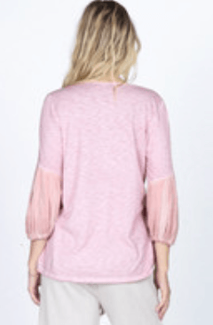 M.Rena Oil Washed Mixed Media Woven Cross Hatch & Knit Slub V Neck Puff Sleeve Top - Robin Boutique-Boutique 