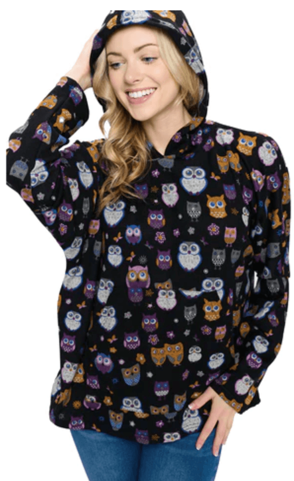 Yak Yeti Hoodie in Fun Black Owl Print Loose Fit 22650 - Robin Boutique-Boutique 
