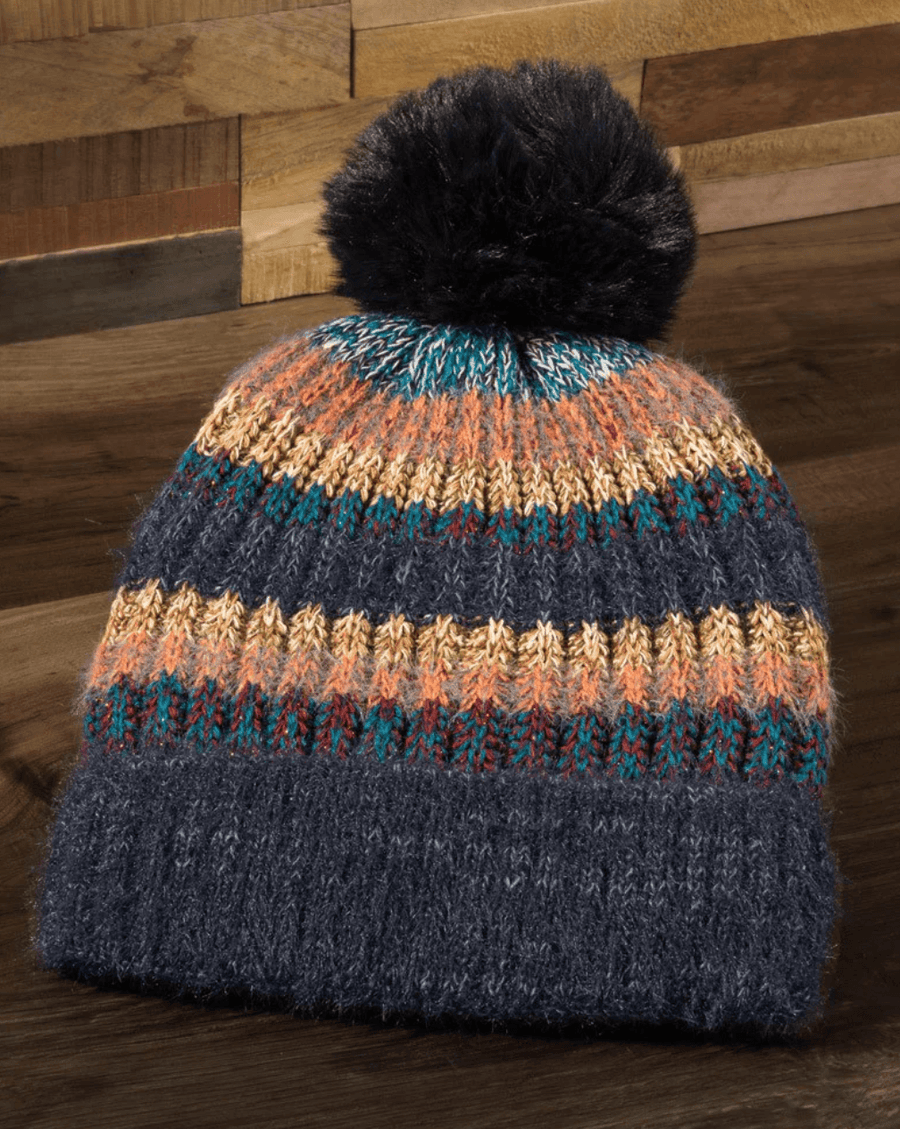 Metallic Striped Pom Pom Knit Hat 5117 - Robin Boutique-Boutique 