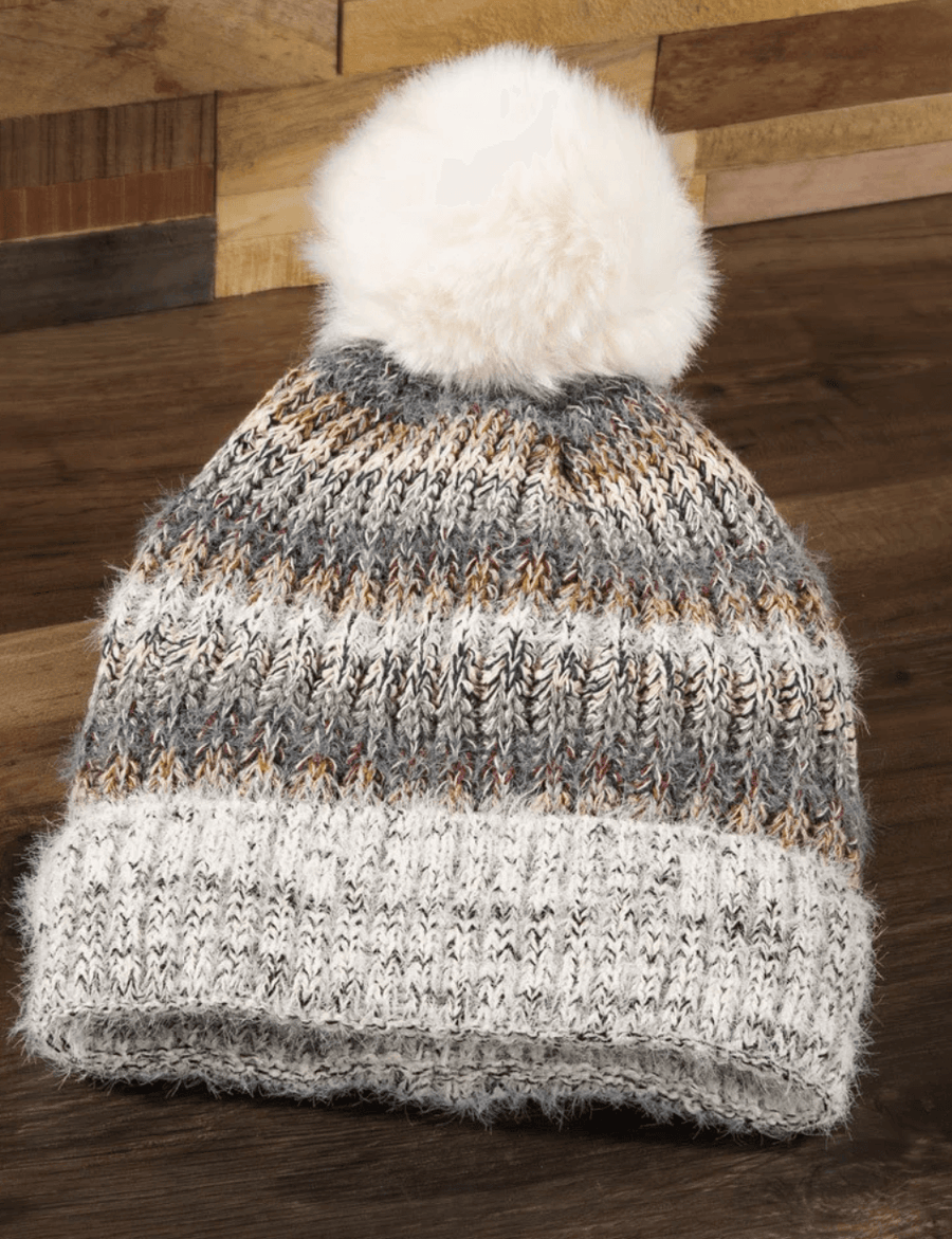 Metallic Striped Pom Pom Knit Hat 5117 - Robin Boutique-Boutique 