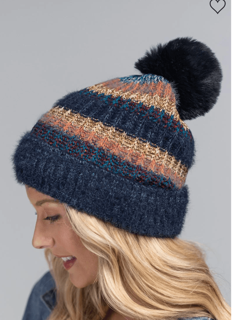 Metallic Striped Pom Pom Knit Hat 5117 - Robin Boutique-Boutique 