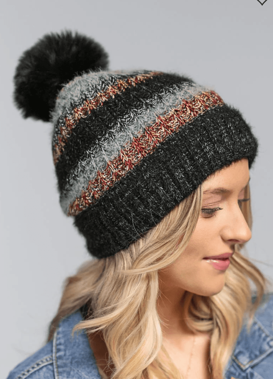 Metallic Striped Pom Pom Knit Hat 5117 - Robin Boutique-Boutique 