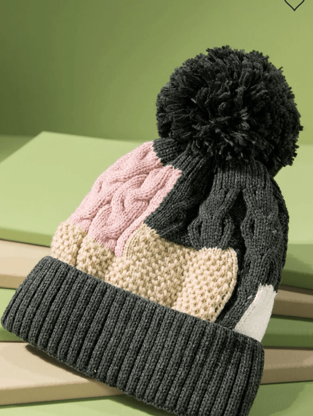 Knit Color Block Beanie Hat with Pom Pom 0046 - Robin Boutique-Boutique 