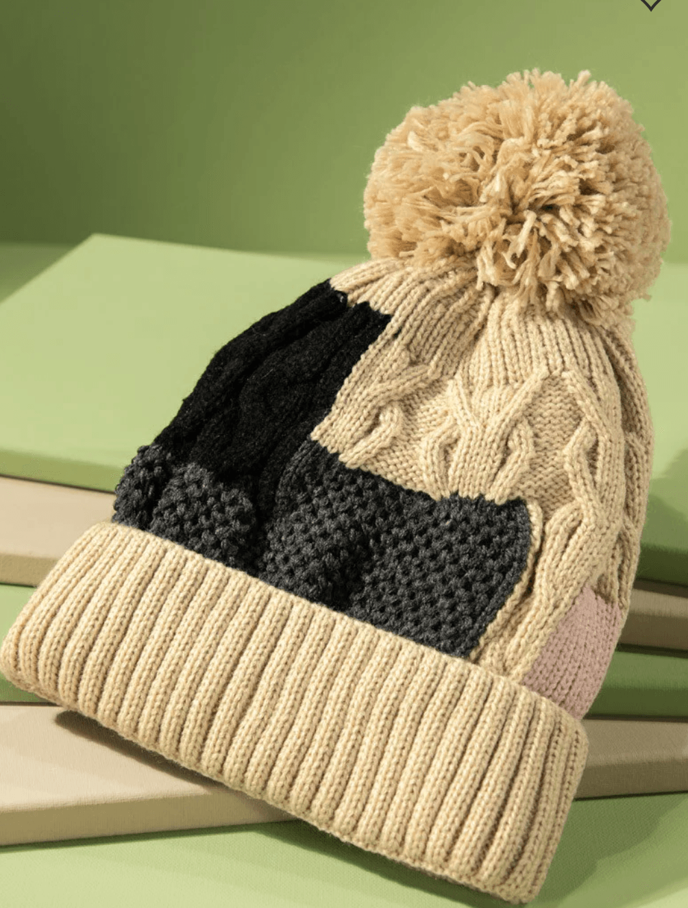 Knit Color Block Beanie Hat with Pom Pom 0046 - Robin Boutique-Boutique 