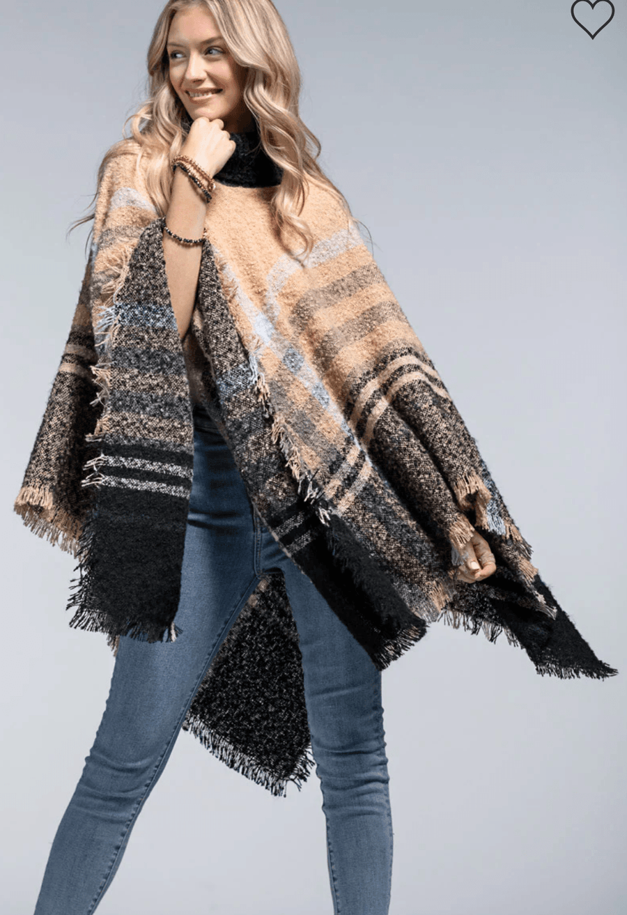 Ruggine Soft Plaid Poncho with Knit Turtle Neck One Size 2209 - Robin Boutique-Boutique 