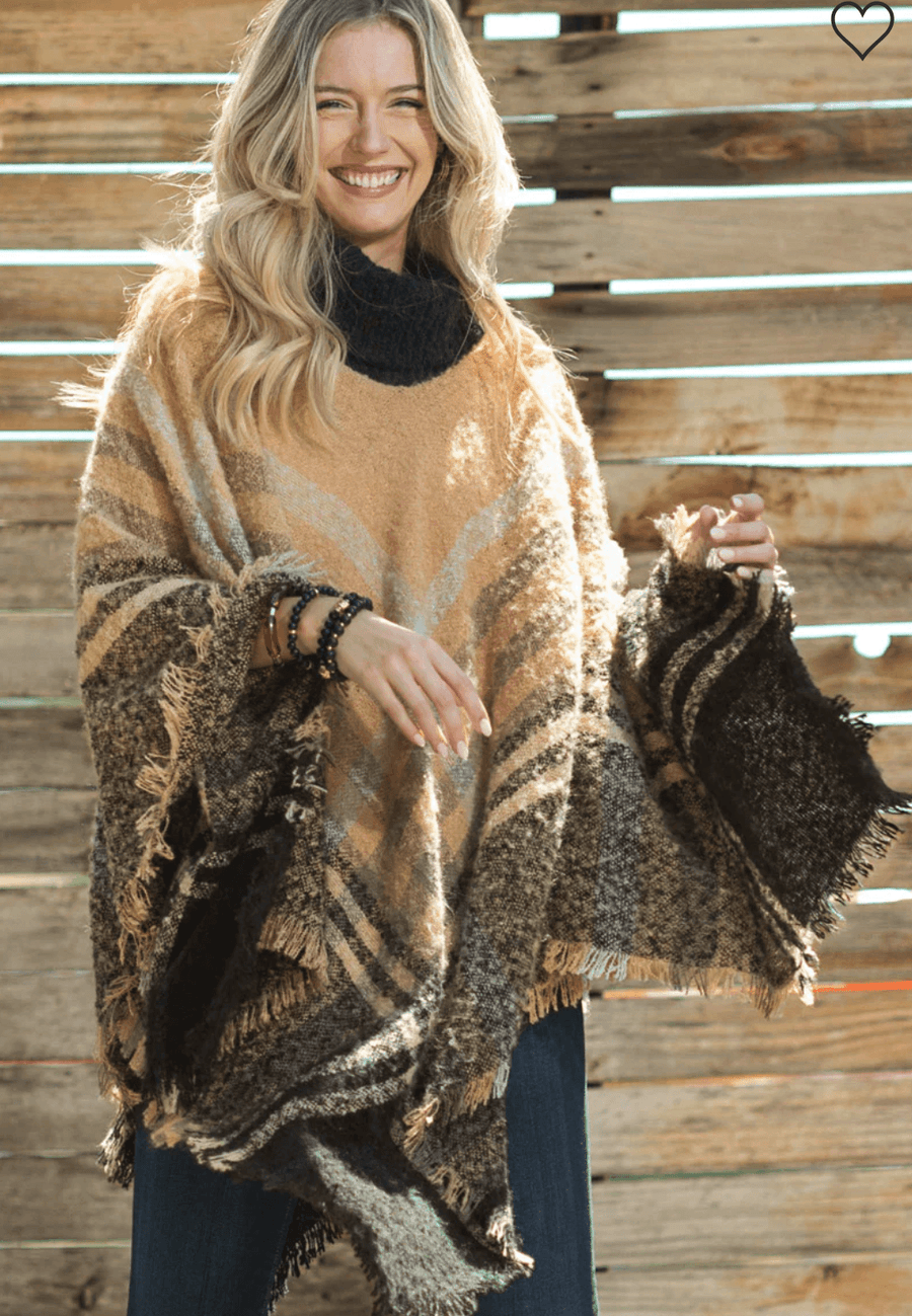 Ruggine Soft Plaid Poncho with Knit Turtle Neck One Size 2209 - Robin Boutique-Boutique 