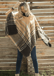 Ruggine Soft Plaid Poncho with Knit Turtle Neck One Size 2209 - Robin Boutique-Boutique 