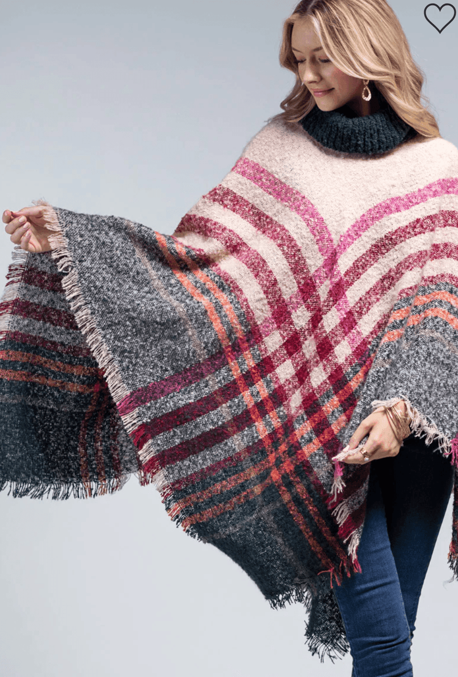 Ruggine Soft Plaid Poncho with Knit Turtle Neck One Size 2209 - Robin Boutique-Boutique 