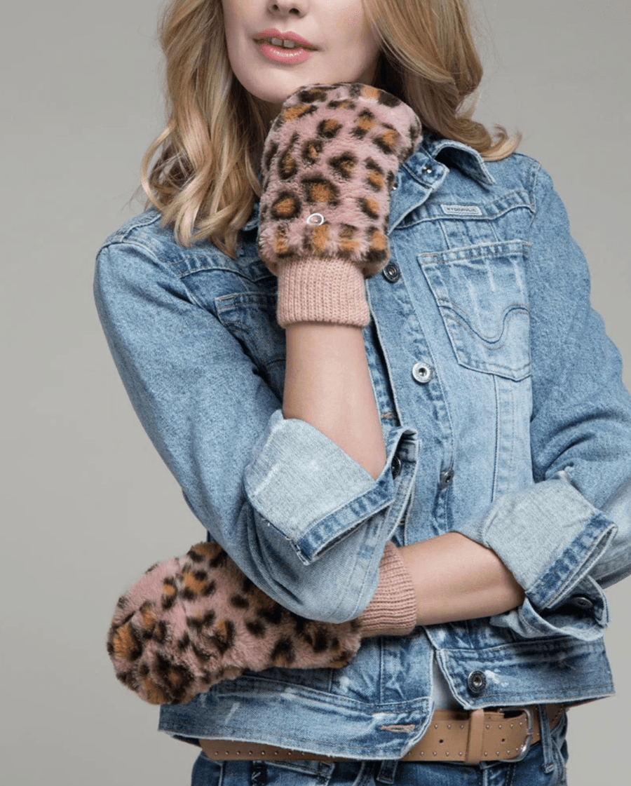 Vegan One Size Animal Print Fur Fingerless Gloves with Top-Over Cover 7907 - Robin Boutique-Boutique 