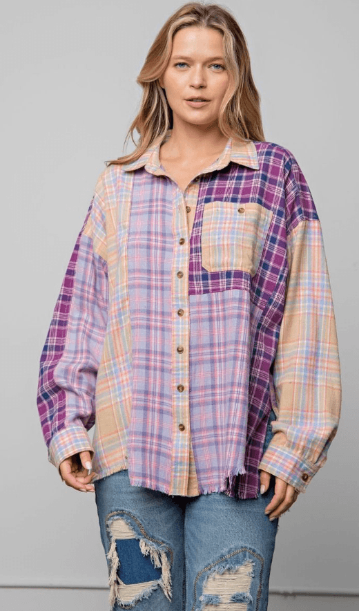 Easel PLAID MIX N MATCH BUTTON DOWN SHIRT - Robin Boutique-Boutique 