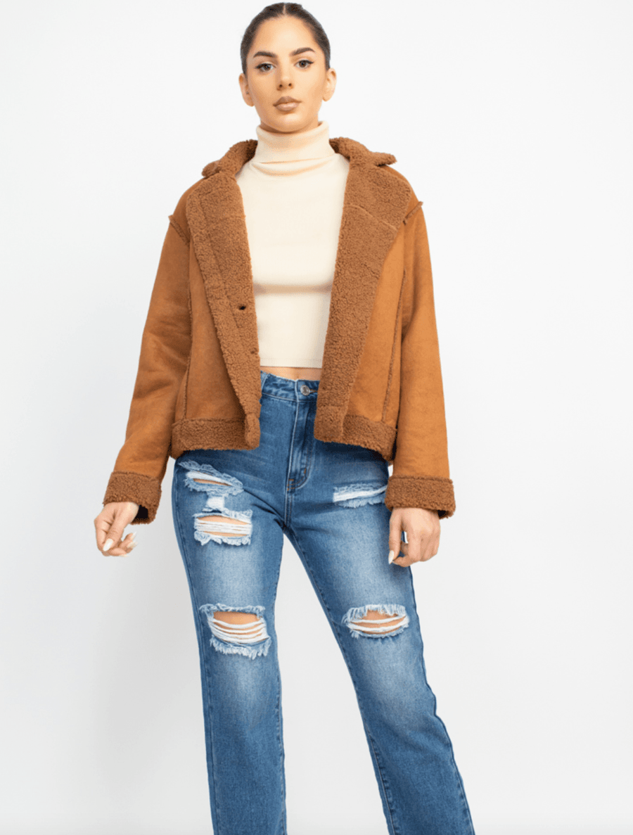 Faux suede Shearling lined short coat HMJ20963 - Robin Boutique-Boutique 