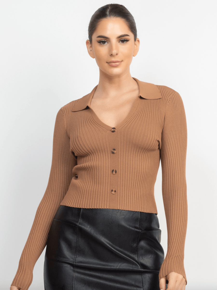 Ribbed long sleeve VNeck Henley style sweater HMSW50379 - Robin Boutique-Boutique 