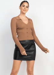 Ribbed long sleeve VNeck Henley style sweater HMSW50379 - Robin Boutique-Boutique 