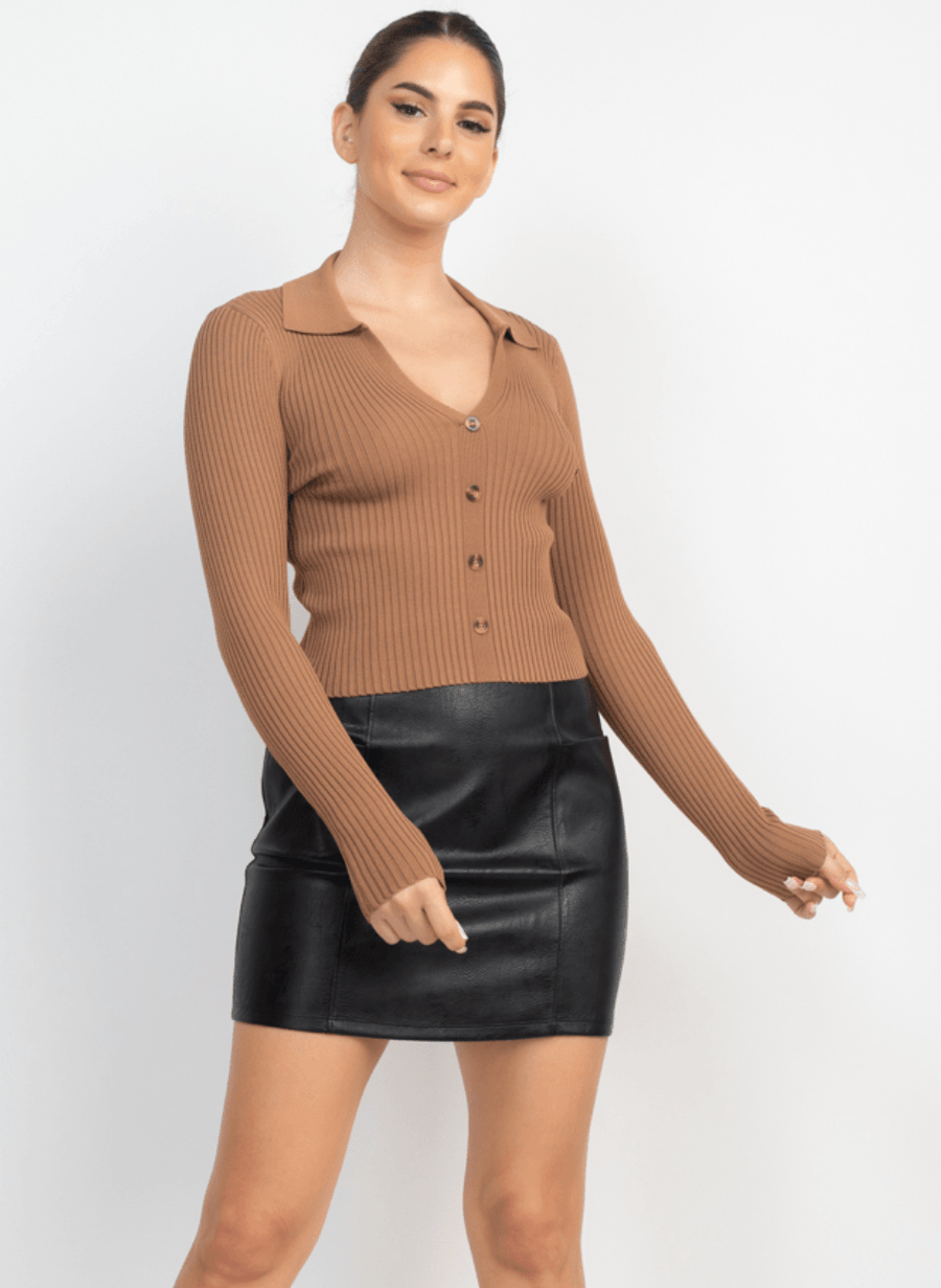 Ribbed long sleeve VNeck Henley style sweater HMSW50379 - Robin Boutique-Boutique 