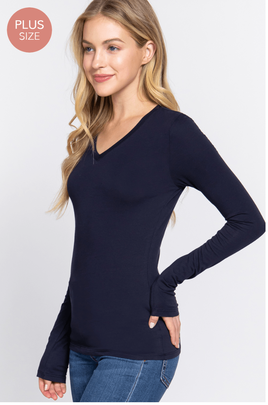 Basic PLUS SIZE long sleeve V- Neck Cotton Tops $18.00 T7665 - Robin Boutique-Boutique 