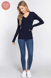 Basic PLUS SIZE long sleeve V- Neck Cotton Tops $18.00 T7665 - Robin Boutique-Boutique 