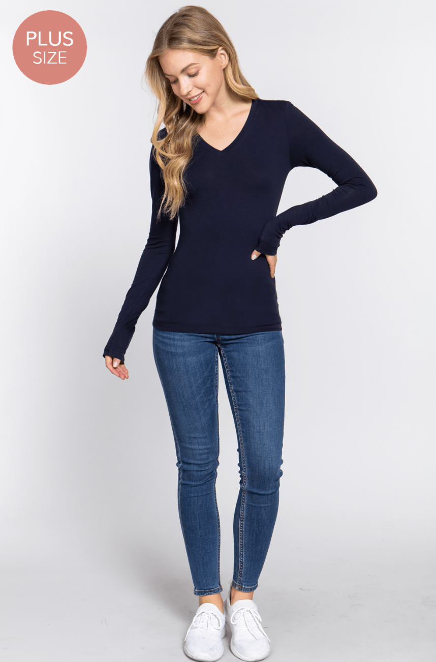 Basic PLUS SIZE long sleeve V- Neck Cotton Tops $18.00 T7665 - Robin Boutique-Boutique 