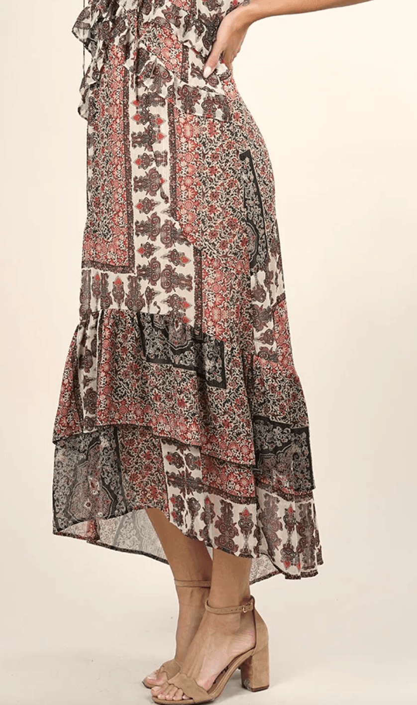 Mixed floral ruffle metallic print dress LS 71560WL - Robin Boutique-Boutique 