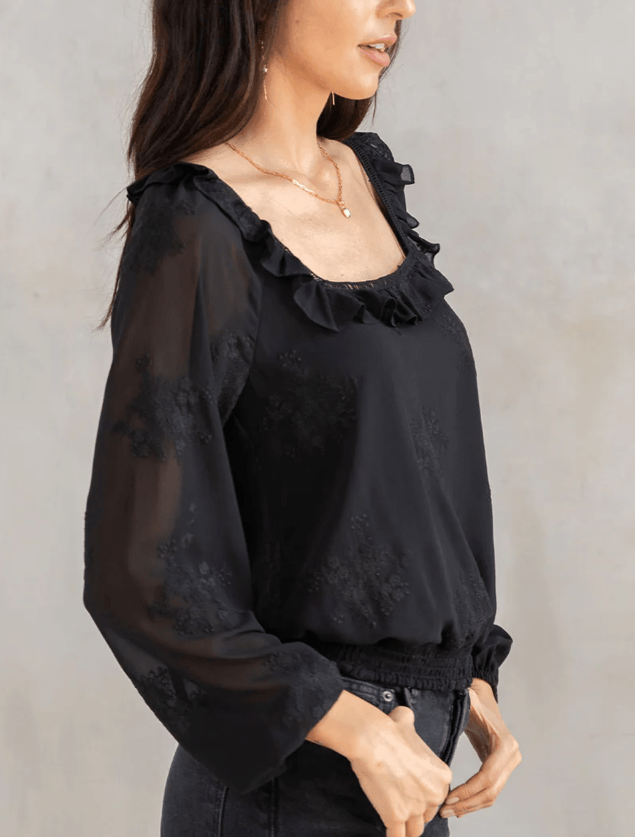 LS 13764WL Floral Embroidered Long Sleeve Cropped Blouse - Robin Boutique-Boutique 