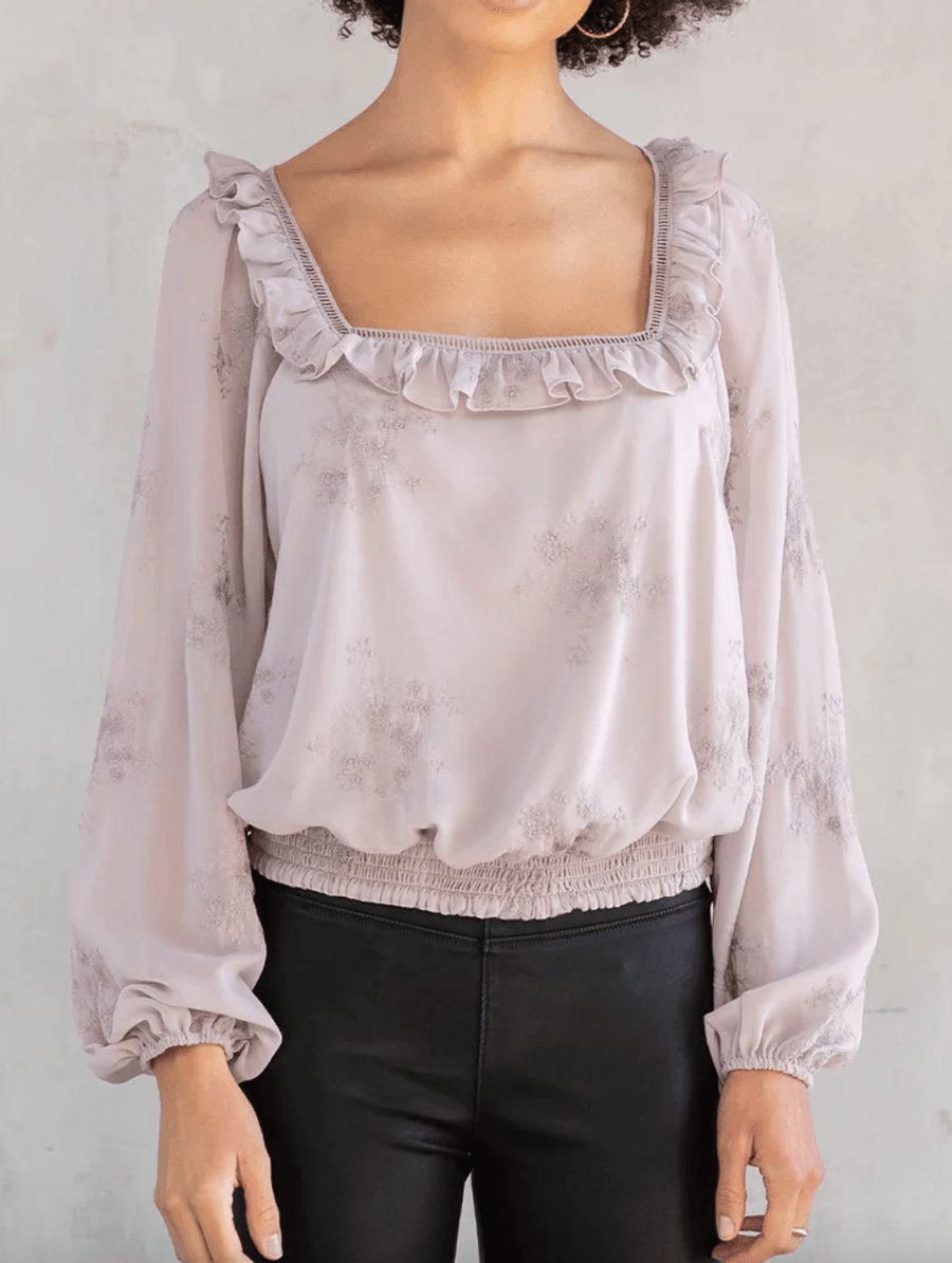 LS 13764WL Floral Embroidered Long Sleeve Cropped Blouse - Robin Boutique-Boutique 