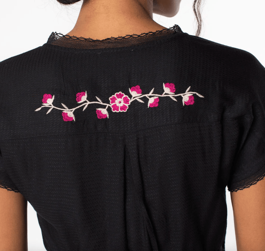 LS 13771W Embroidered Short Sleeve Wrap Front Top - Robin Boutique-Boutique 