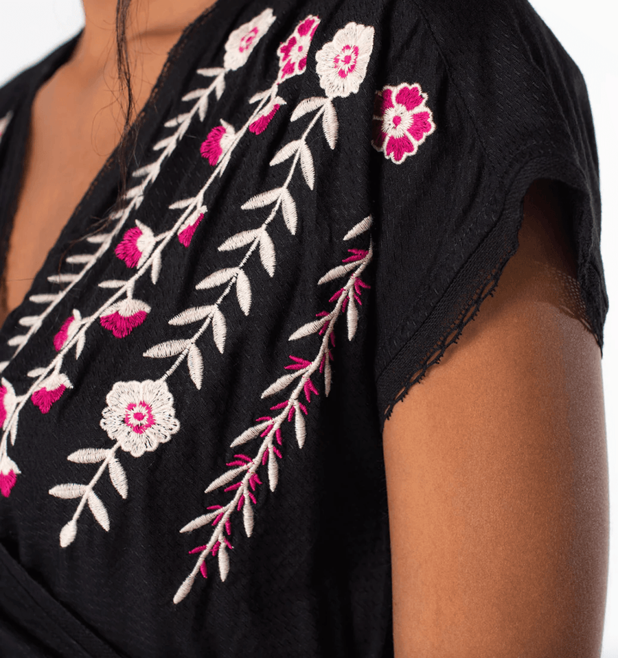 LS 13771W Embroidered Short Sleeve Wrap Front Top - Robin Boutique-Boutique 