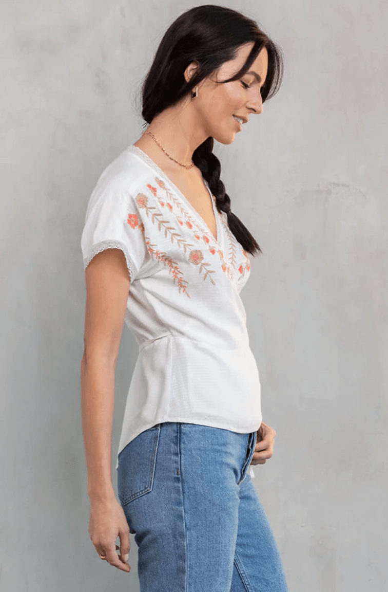 LS 13771W Embroidered Short Sleeve Wrap Front Top - Robin Boutique-Boutique 