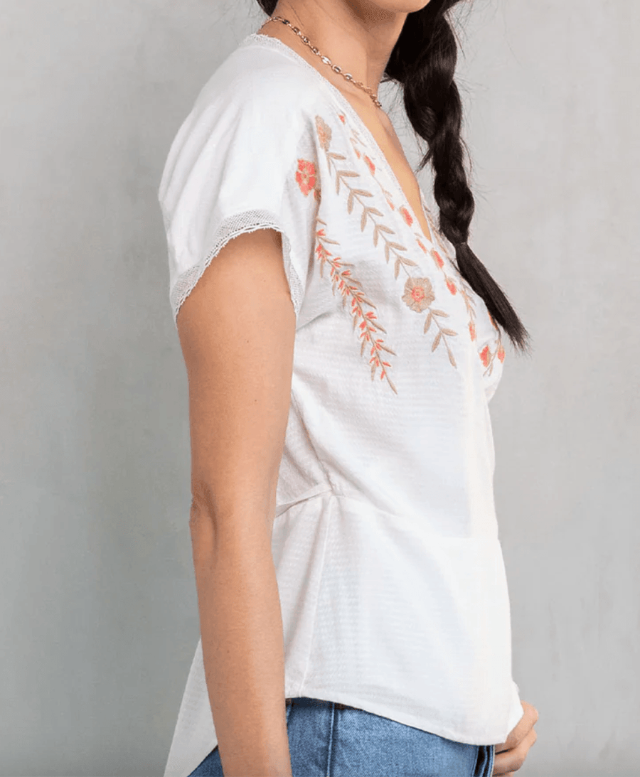 LS 13771W Embroidered Short Sleeve Wrap Front Top - Robin Boutique-Boutique 