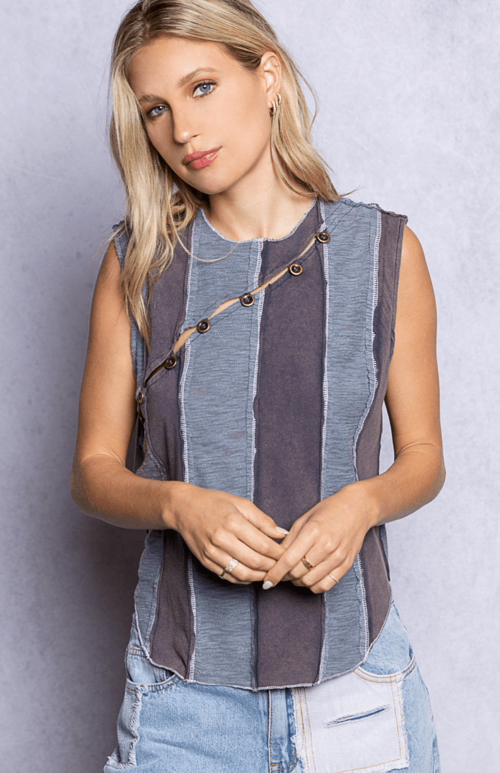 Sleeveless wide stripe top with diagonal detail by POL YKT753 - Robin Boutique-Boutique 