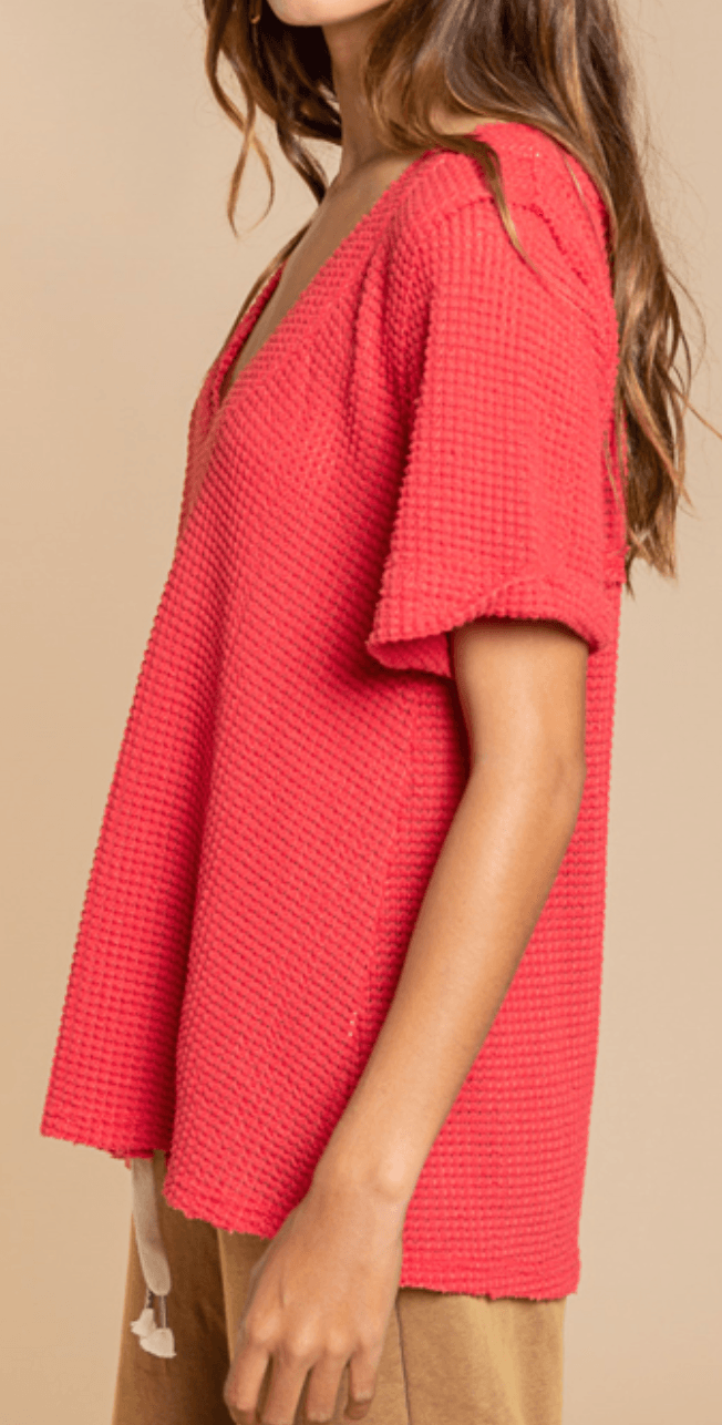 POL Short Sleeve waffle relaxed v neck top FKT354 - Robin Boutique-Boutique 