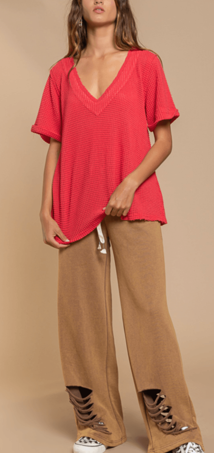 POL Short Sleeve waffle relaxed v neck top FKT354 - Robin Boutique-Boutique 