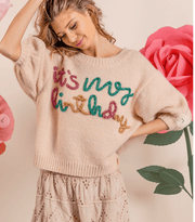 BiBi "It's My Birthday" Metallic Letter Short Sleeve Sweater Top IP6625-20 - Robin Boutique-Boutique 
