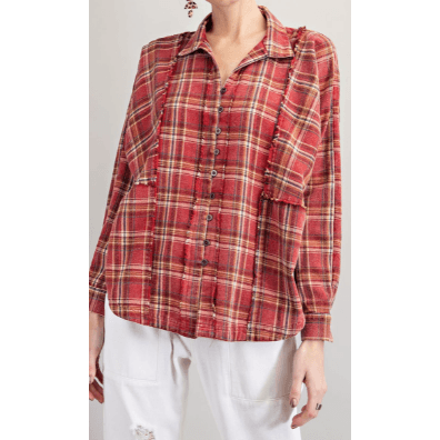 Long Sleeve Plaid Button Down Flannel Collared Shirt - Robin Boutique-Boutique 