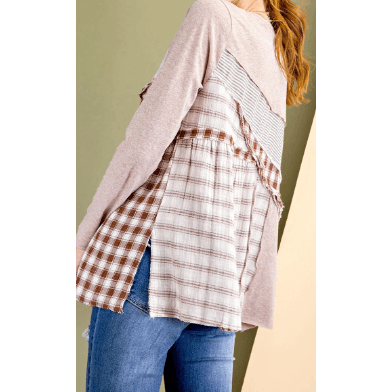 Long Sleeve Side Slit Plaid Shirt - Robin Boutique-Boutique 