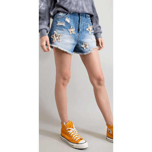 EASEL Distressed Denim Shorts with Star Appliquéd EB41047 - Robin Boutique-Boutique 