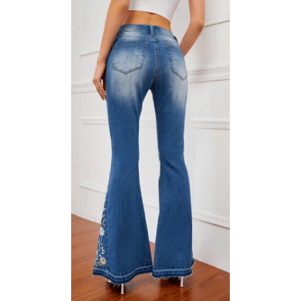 Bell Bottom Distressed Stretch Jeans with Embroidery - Robin Boutique-Boutique 