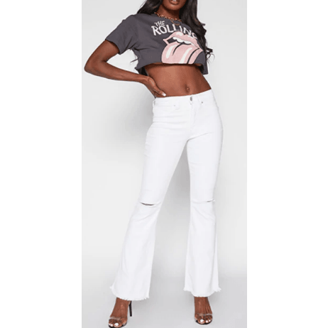 34" Long Inseam White Distressed Denim Bell Bottom Jeans - Robin Boutique-Boutique 