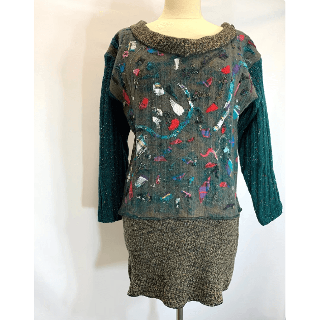 Green and brown wool pullover felted sweater jumper in recycled fabrics - Robin Boutique-Boutique 