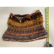 Vertical measurement of handknit scarf (2.) with button accents in rust colors