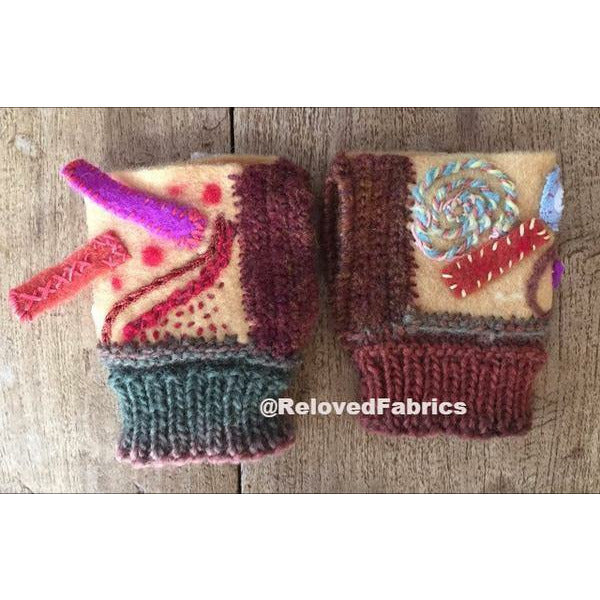 Fingerless Gloves ,Fingers Free, Arm Warmers, Driving Gloves Felt, Embroidered, Knit and Crochet hand shorty gloves n embroidered accents - Robin Boutique-Boutique    &.  Reloved Fabrics