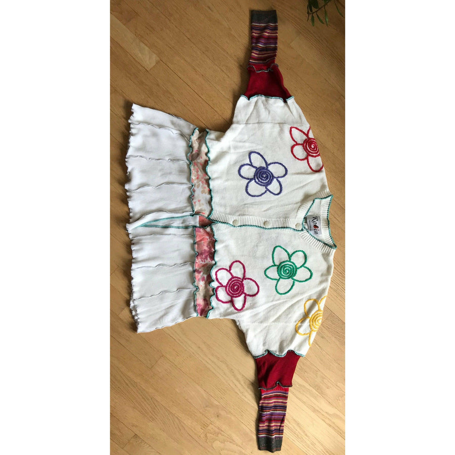 Vegan Cotton Knit Cardigan Sweater Jumper With Whimsical Embroidered Flowers and Button Neck. White. Size XL or 1XL - Robin Boutique-Boutique 