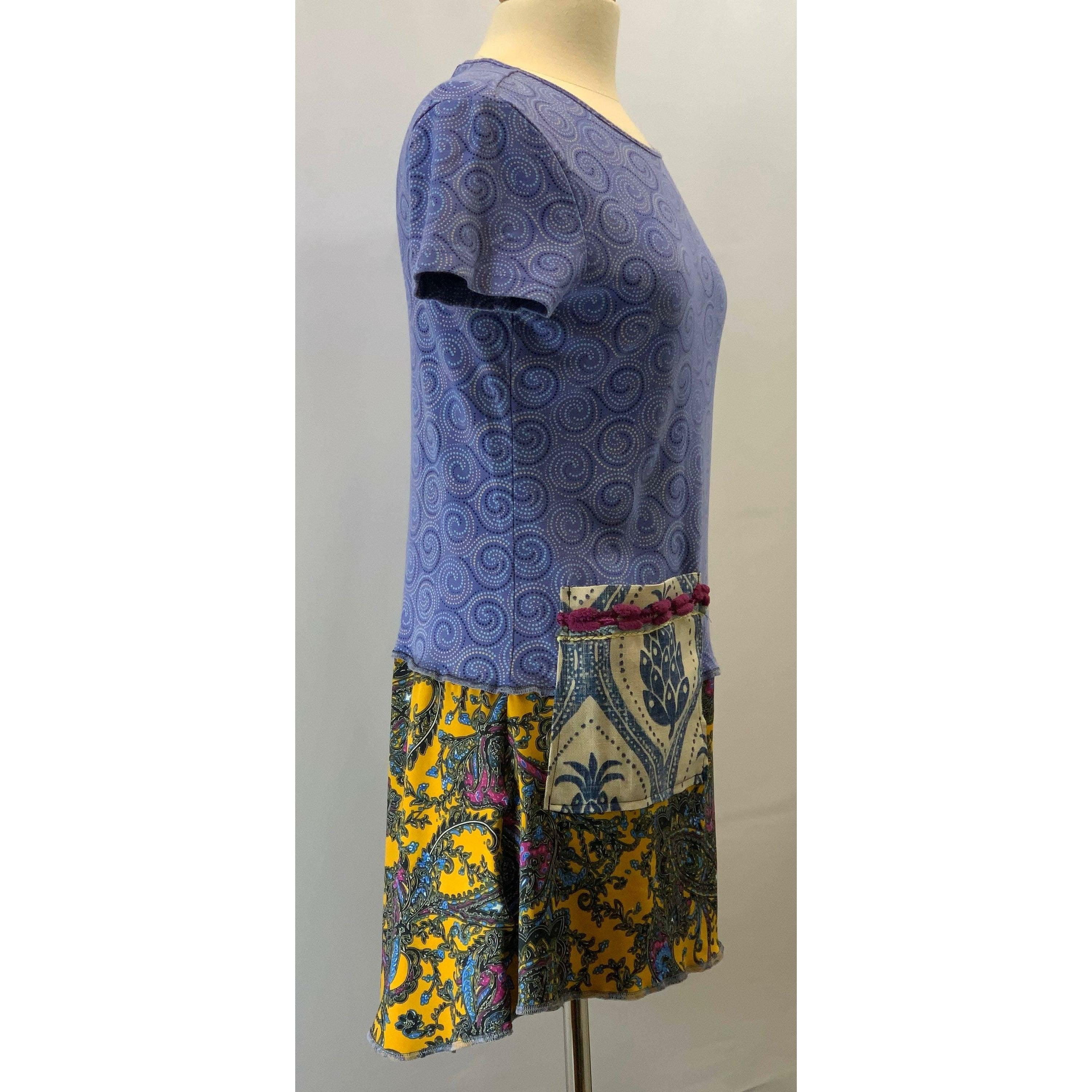 Periwinkle and rainbow colored repurposed cotton knit shirt into new tunic with side pocket in size medium - Robin Boutique-Boutique 