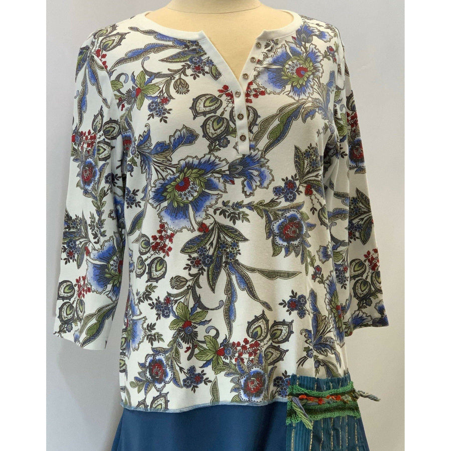 Blue Floral repurposed top into a new tunic size Large. The neckline has snaps to hold in place. The fabric on the bottom is new polyester. - Robin Boutique-Boutique    &.  Reloved Fabrics